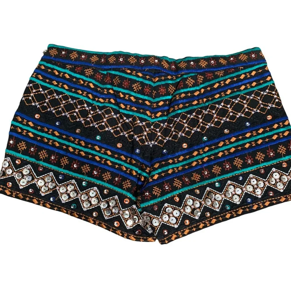 Lucky Brand Embroidered Sequin Shorts S Black Mid Rise Zip Rhinestones Cotton - Picture 3 of 6
